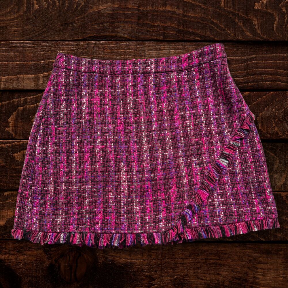 Zara Basic Magenta Pink Tweed Mini Skirt Fringe Trim Preppy Bouclé Medium - Picture 2 of 10